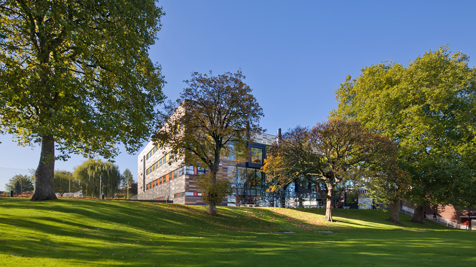 View of the Professor Stuart Hall building from the green