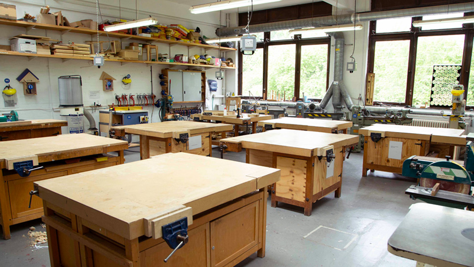 Workbenches available in the woodwork lab