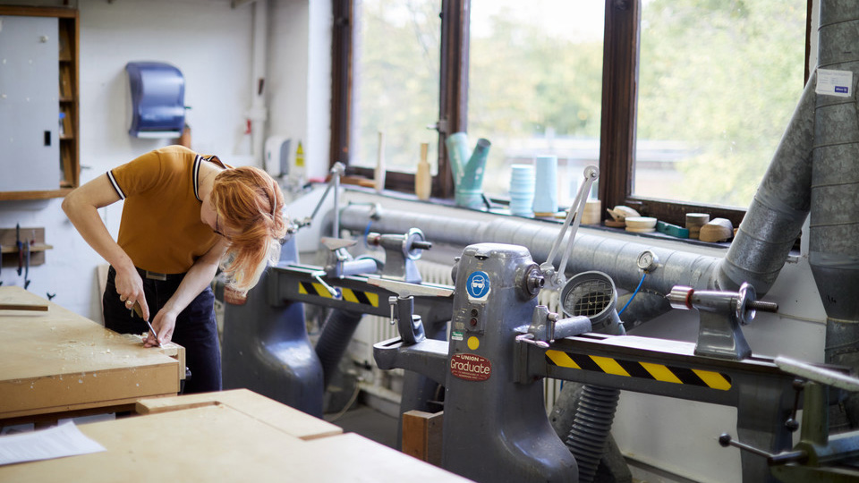 Two of several lathes available in the woodwork lab